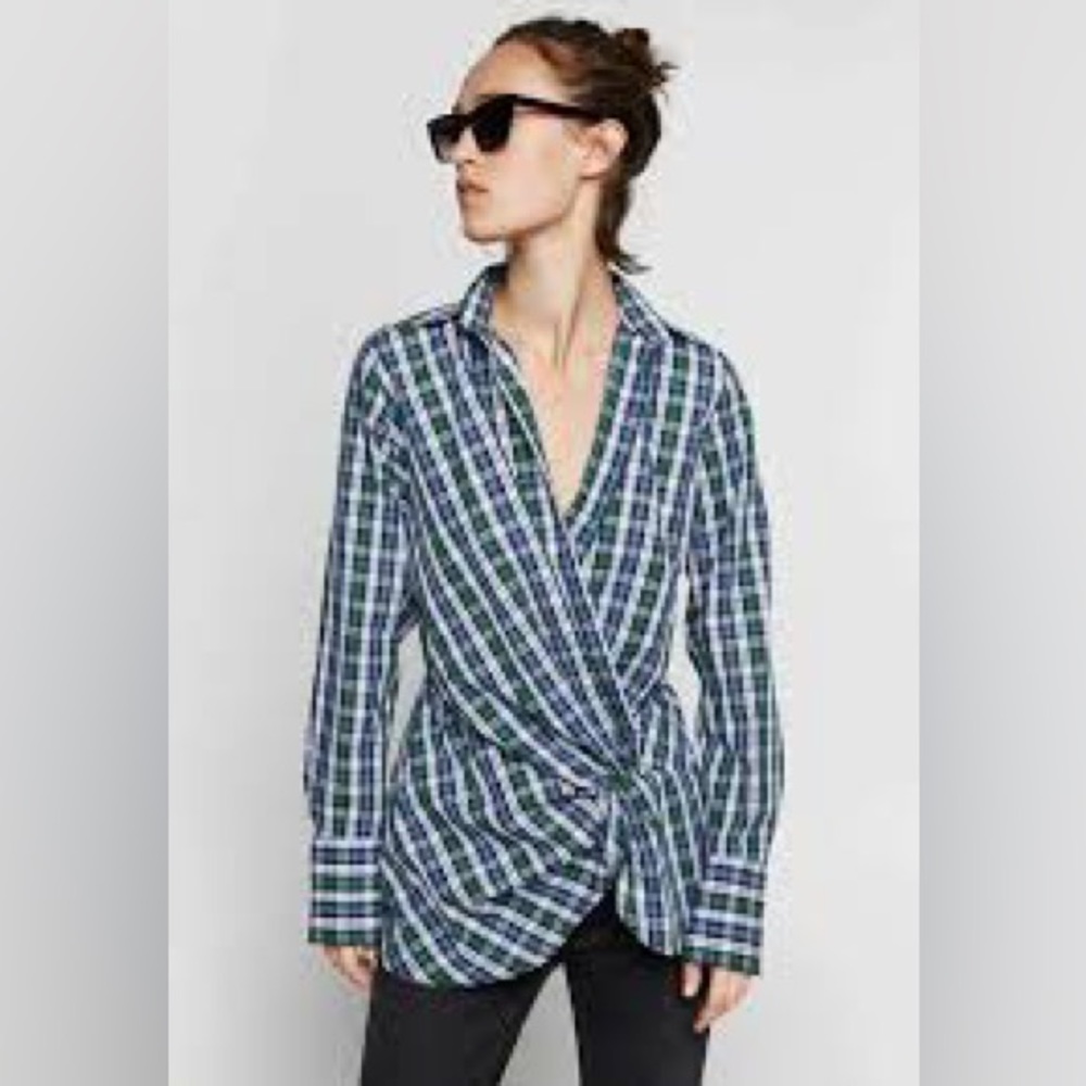 Zara Plaid Twist Front Top Draped Green Blue Shirt Long Sleeve